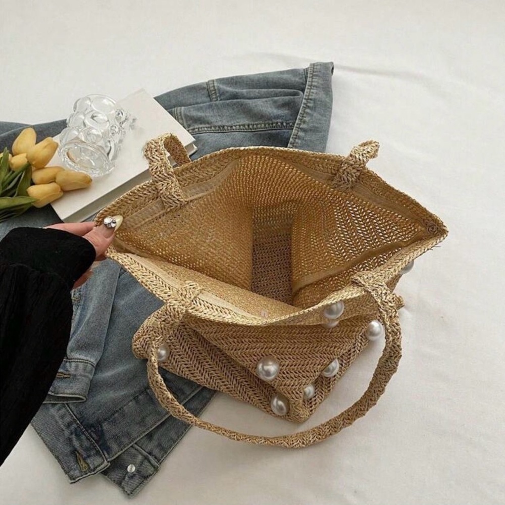 "Sandy" Pearl-Embellished Tan Weaved Tote Bag! NWOT - Picture 8 of 9